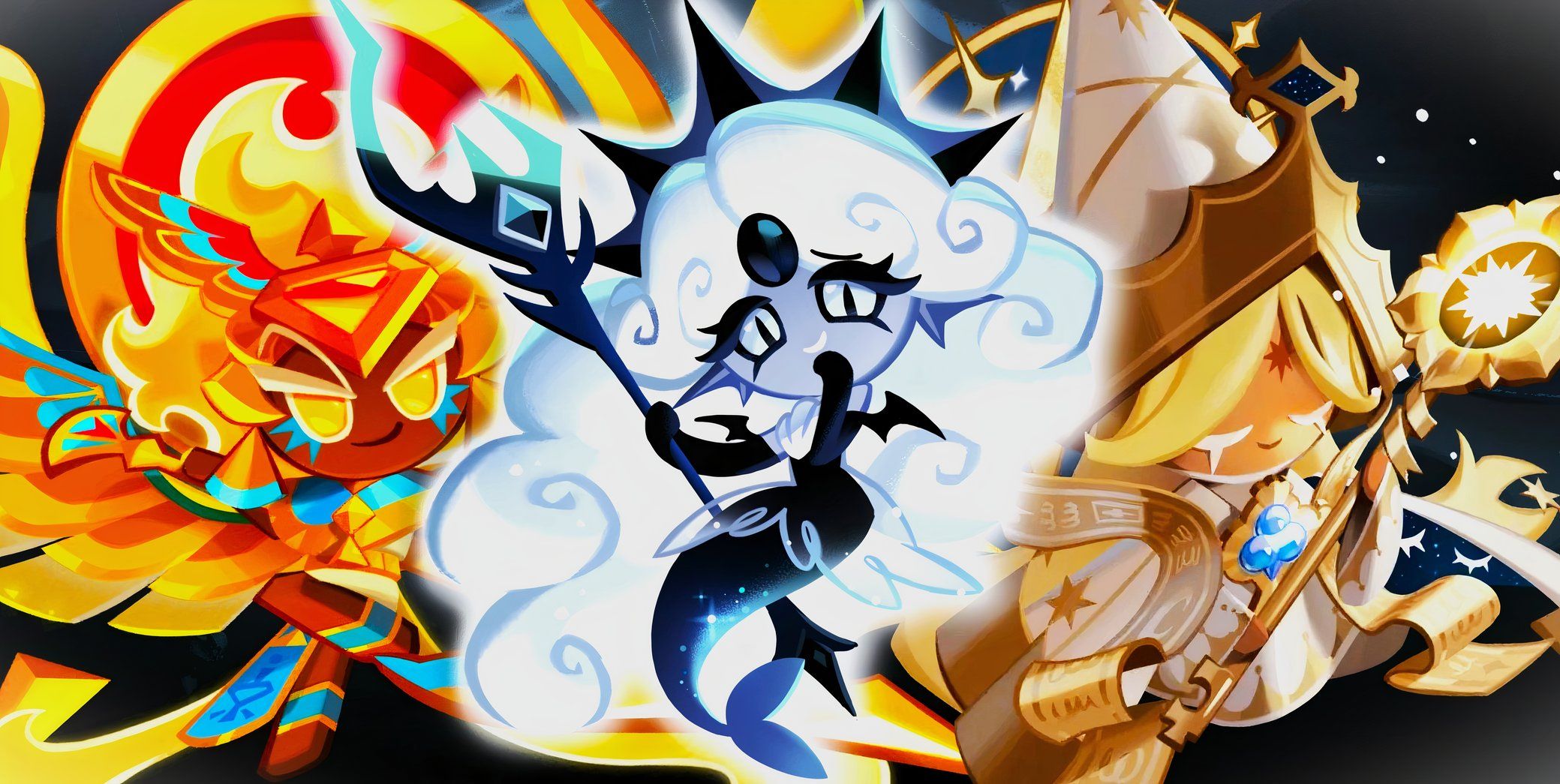 Cookie Run Kingdom Awakened Immortal Golden Cheese Cookie, Awakened Compassionate Pure Vanilla Cookie, And Black Pearl Cookie