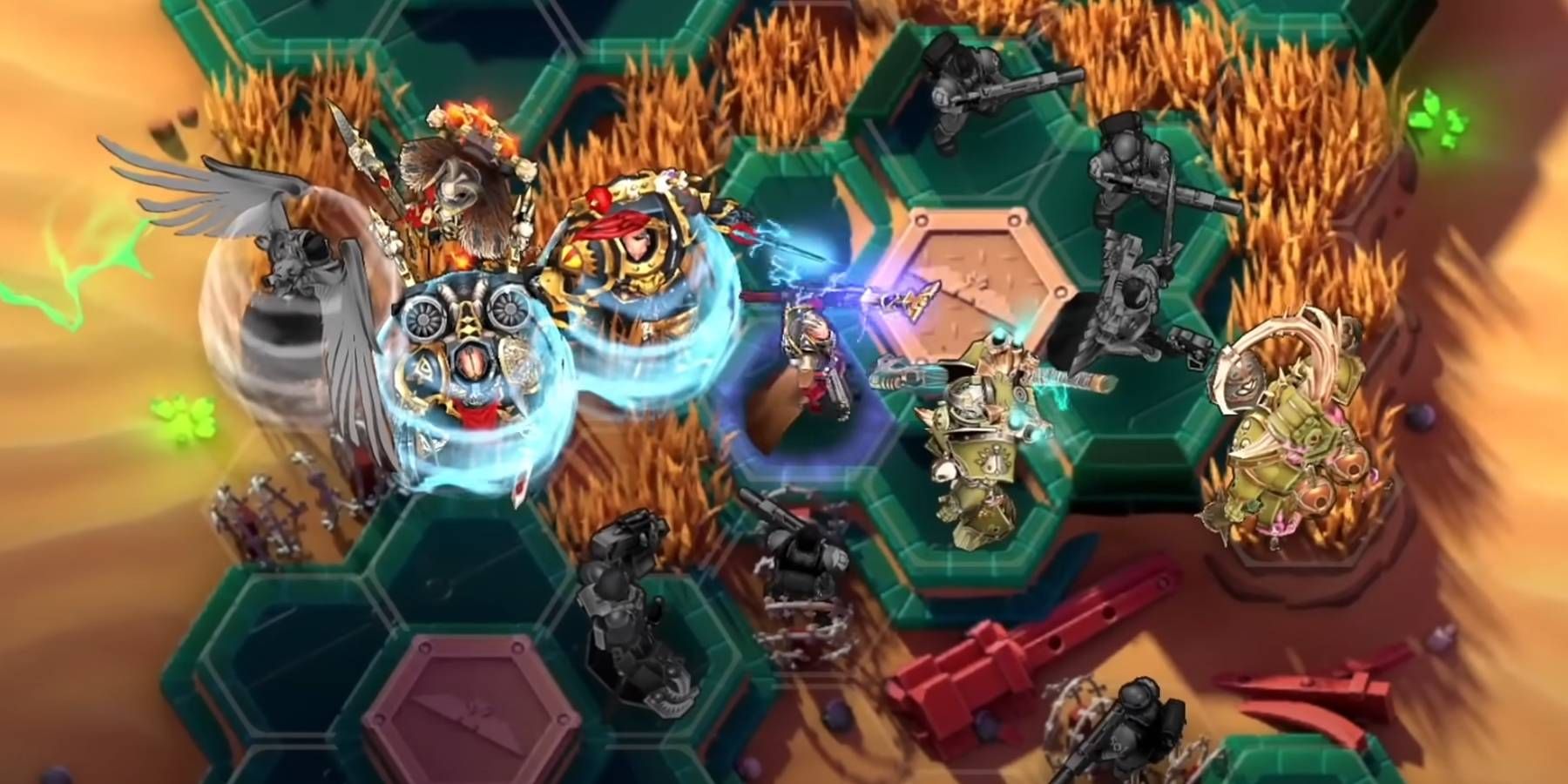 Warhammer Tacticus gameplay with various units engaged in turn-based combat against enemies