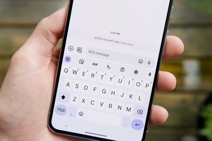 Google Messages app on a Pixel 8 Pro, displaying an RCS Chat message thread.