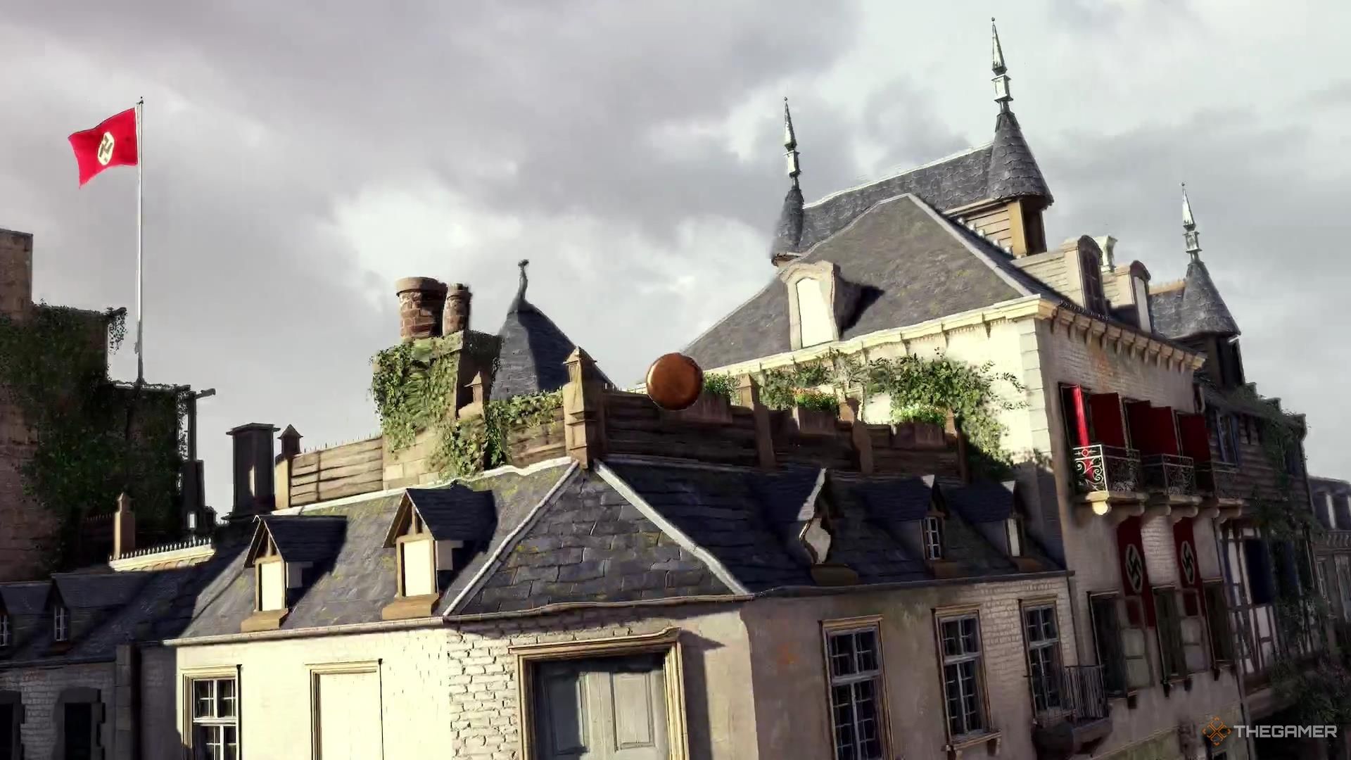 A bullet heads for a building housing a sniper in Sniper Elite Resistance.