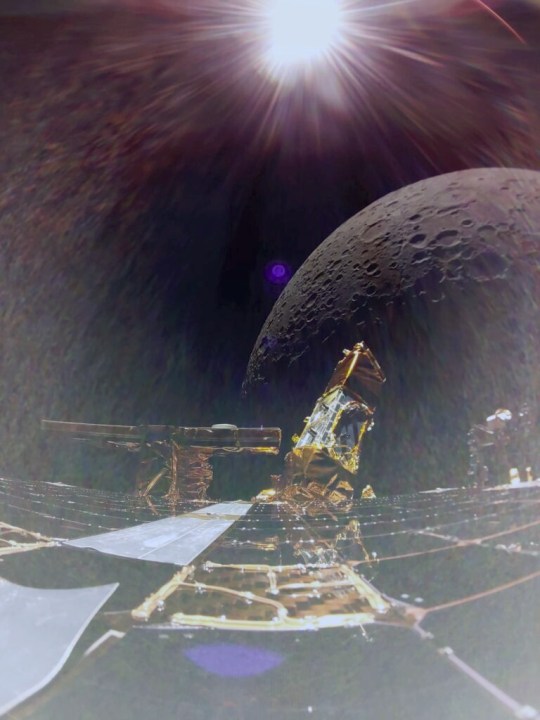 Firefly's Blue Ghost lander captured an image of the Moon from its top deck camera. The image also shows Blue Ghost's solar panel, X-band antenna on the left, and NASA's LEXI payload on the right.