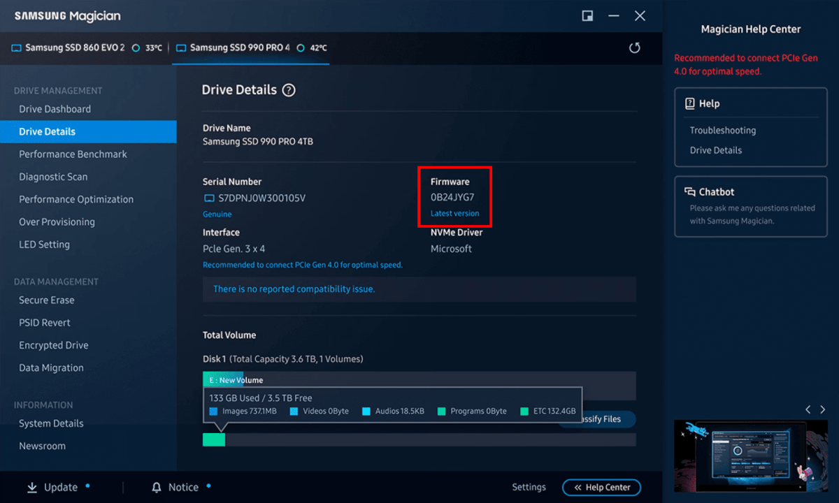 Samsung Magician SSD support tool showing firmware version details