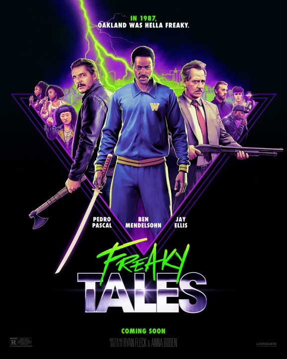 A group of characters with weapons stand on the Freaky Tales poster.