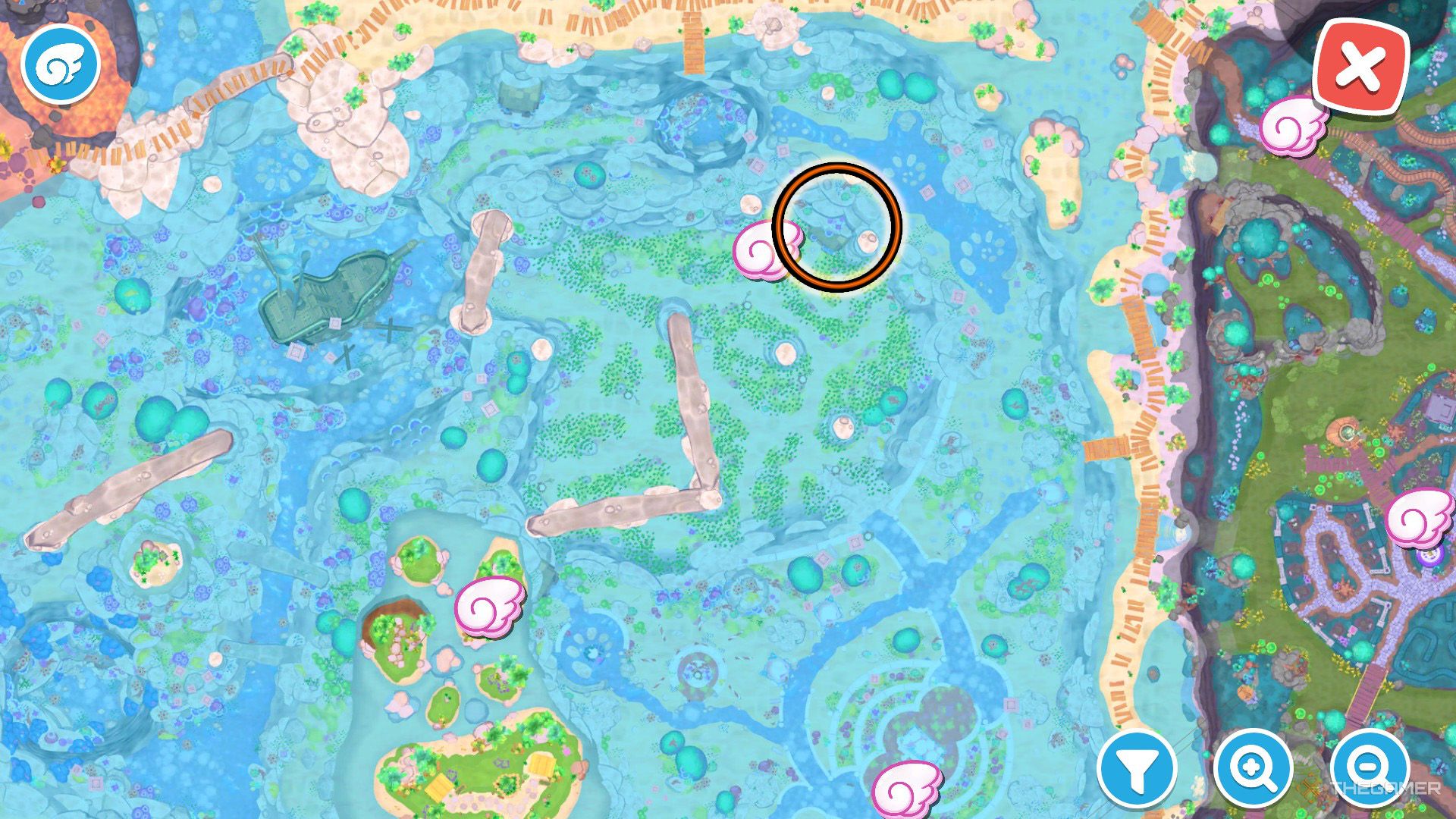 An orange circle indicates the Maze Craze puzzle room location within Hello Kitty Island Adventure