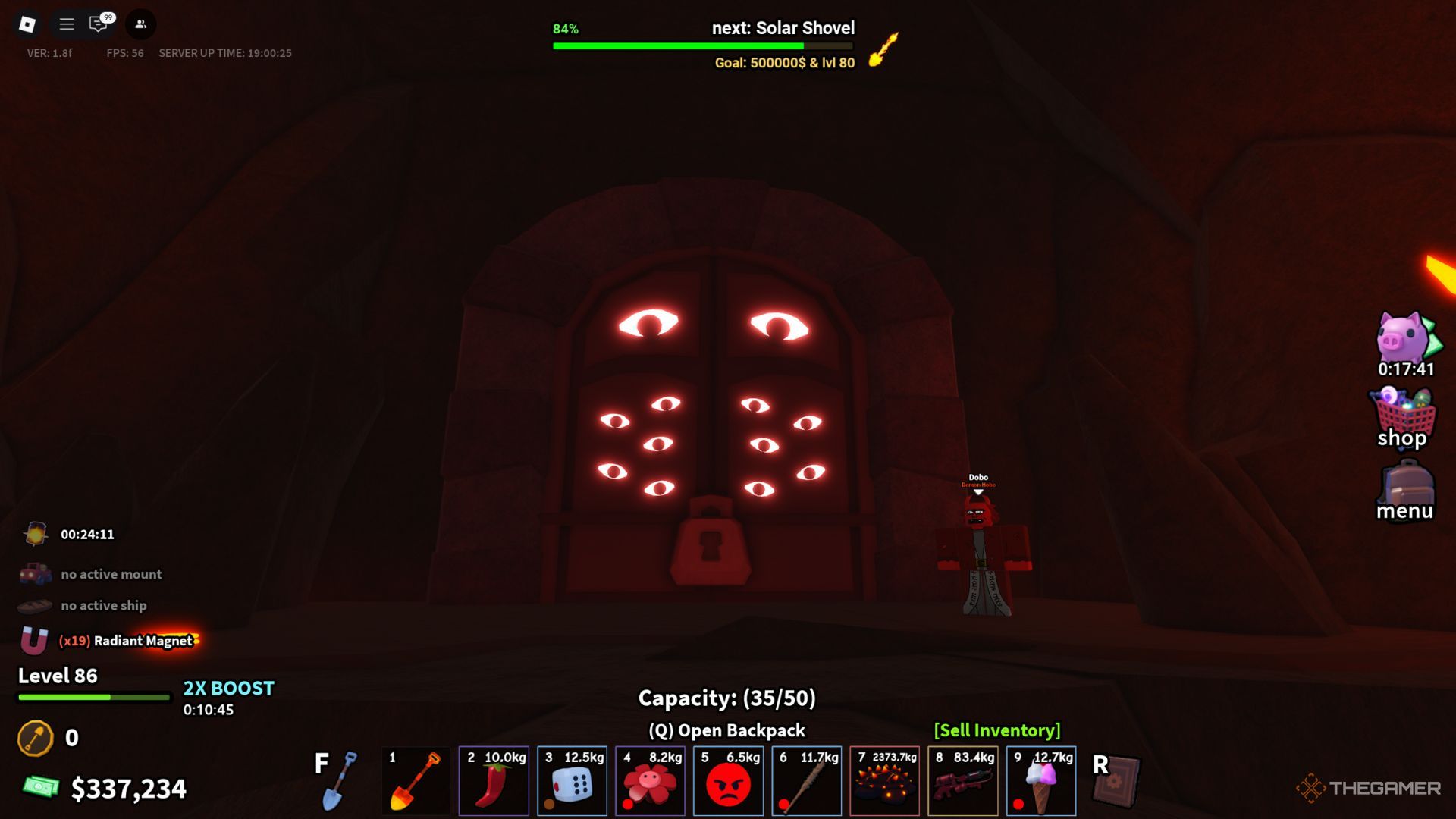 The player character shows the gate to the Ancient Trial in the Devil's Pit area in Dig It.