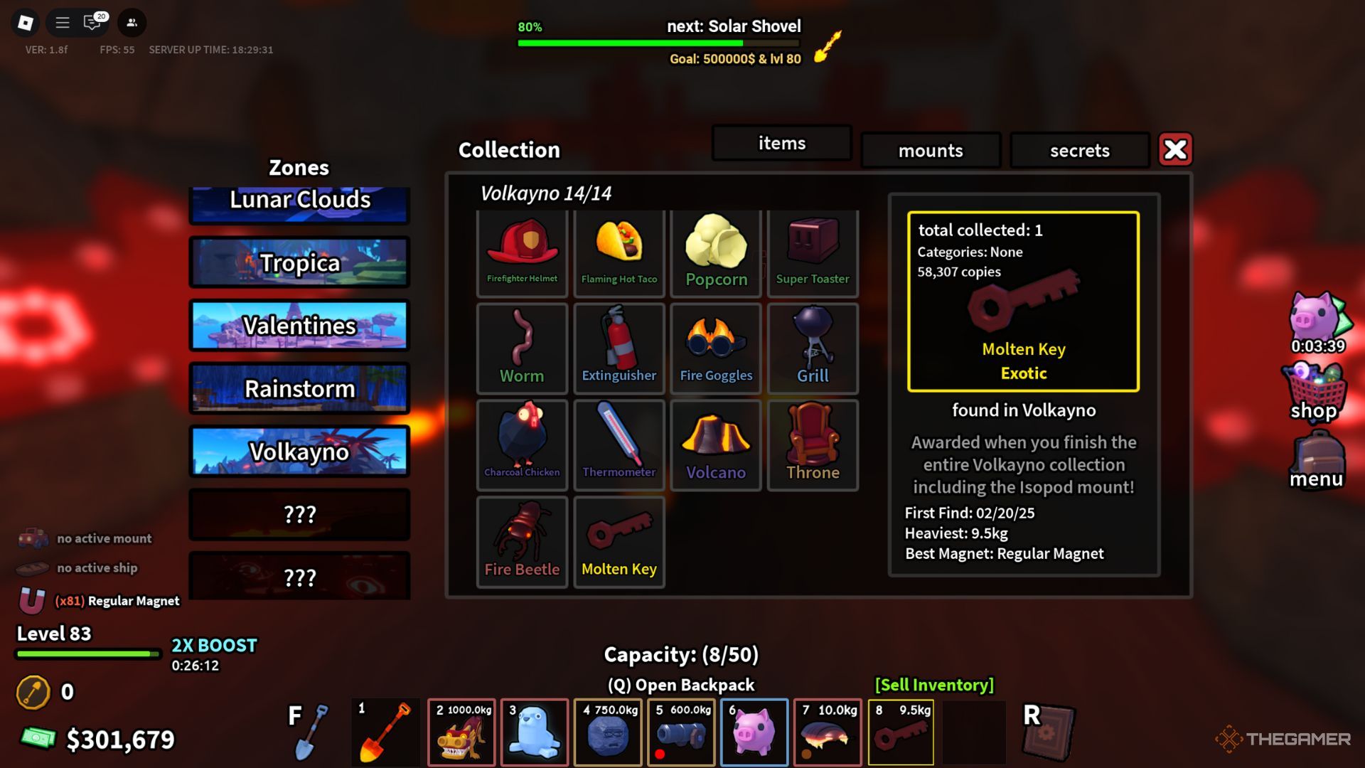 The player character shows the fully completed Volkayno collection in the Volkayno area in Dig It.