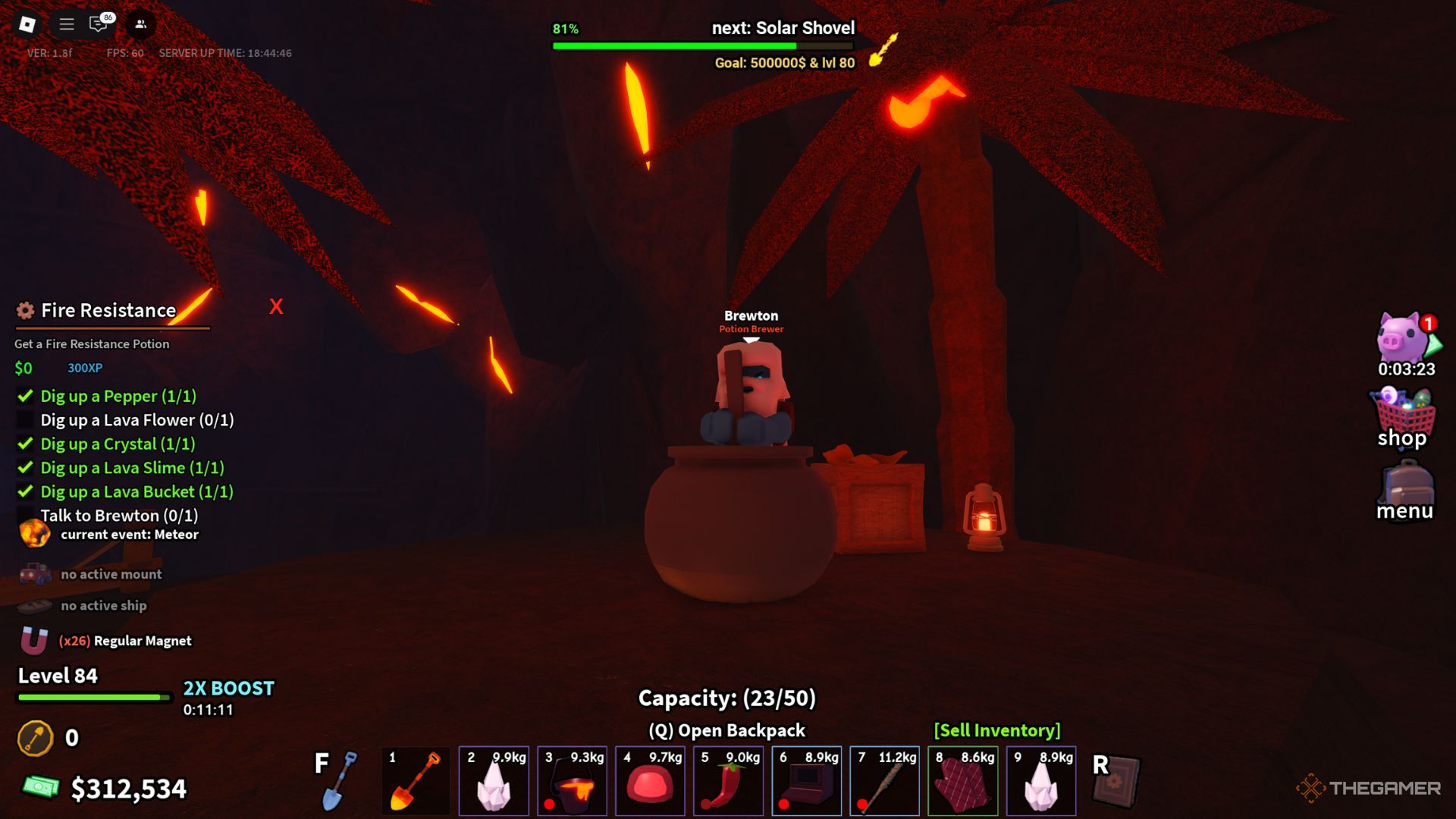 The player character shows Brewton NPC in the Devil's Pit area in Dig It.