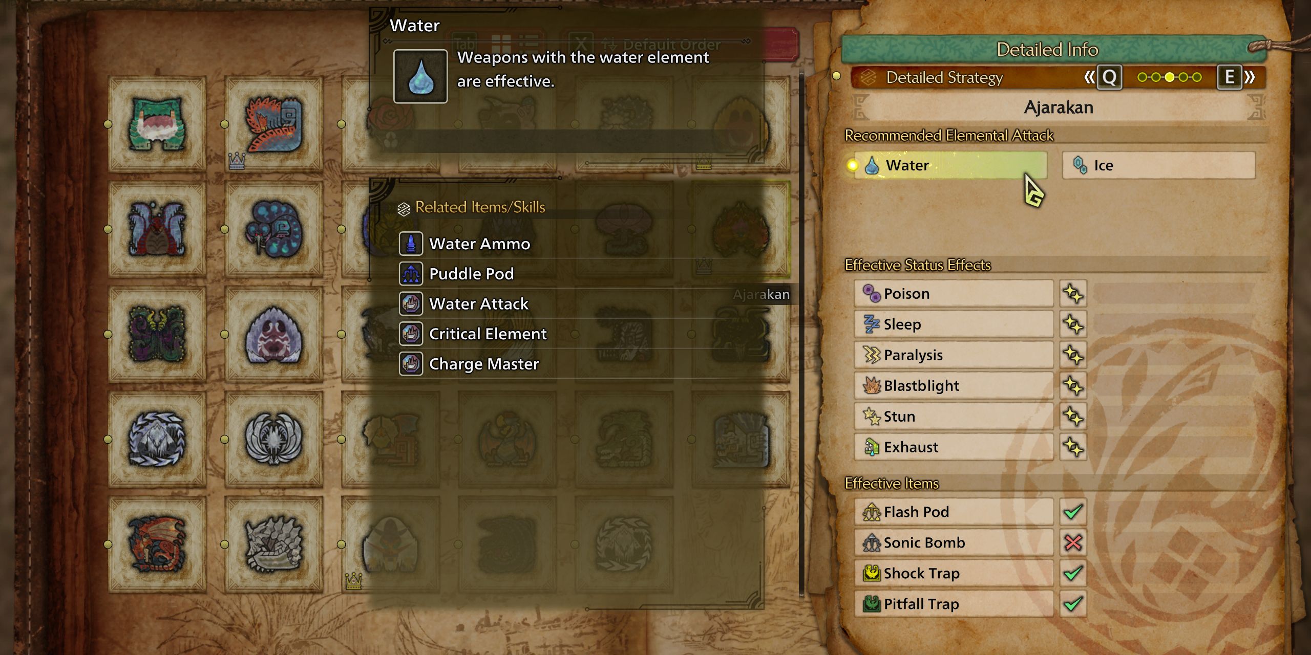 The Play Guide featuring elemental weaknesses of Ajarakan in Monster Hunter Wilds.