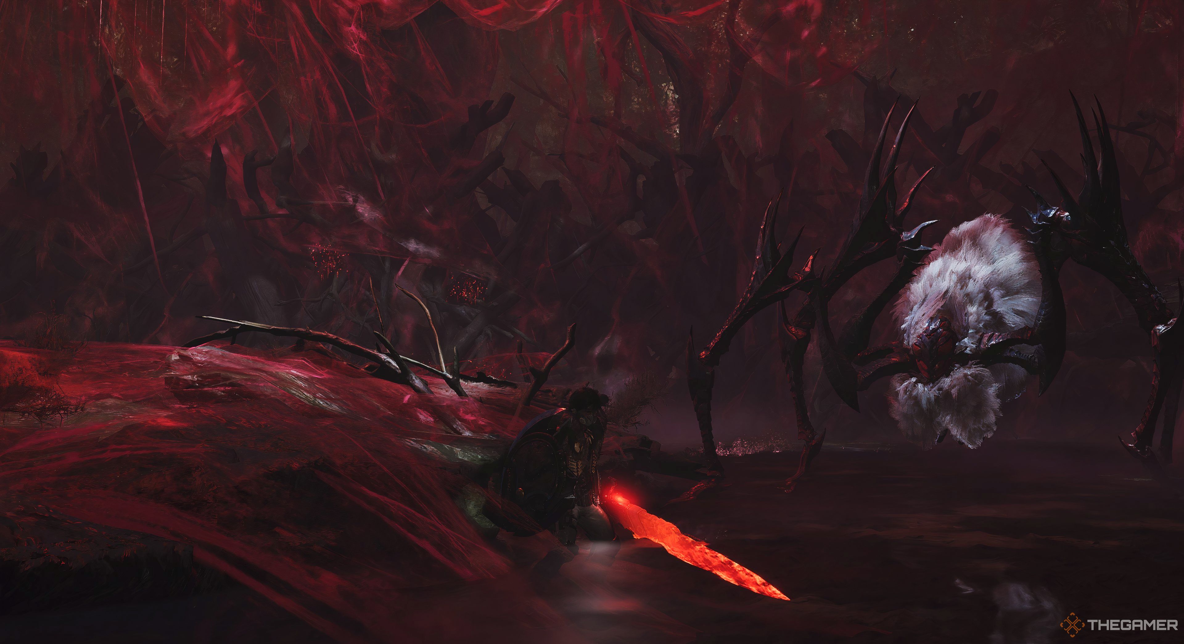 Monster Hunter Wilds Hunter running away from a giant spider in the background. Hunter is holding a weapon while running through a red liquid.