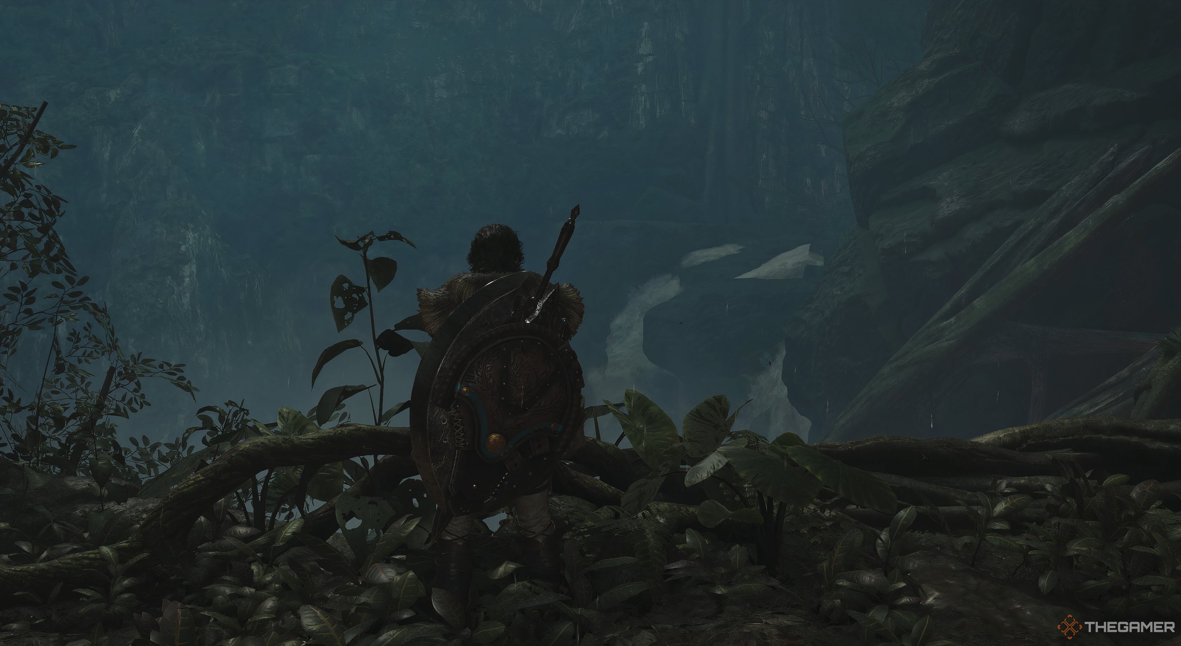 Monster Hunter Wilds player gazing at a waterfall, with a cliff beside it on the left side.
