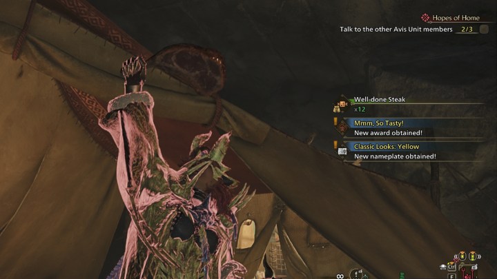Showing off the finished steak in Monster Hunter Wilds.