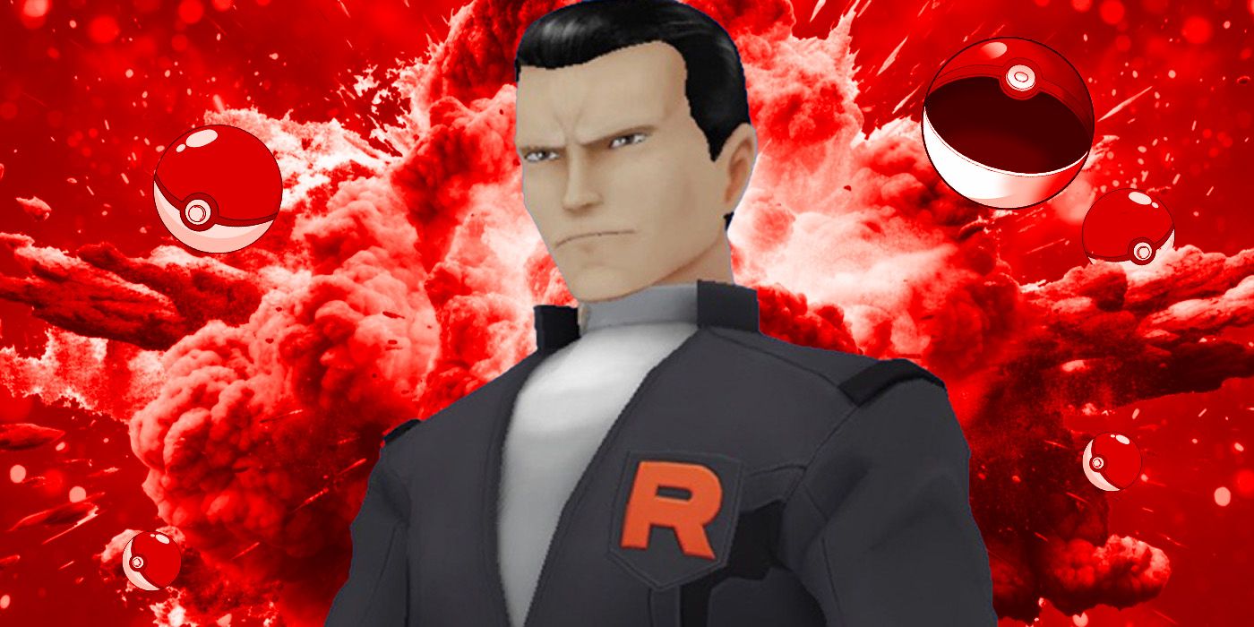 Giovanni in a red Pokémon GO background surrounded by Poké Balls