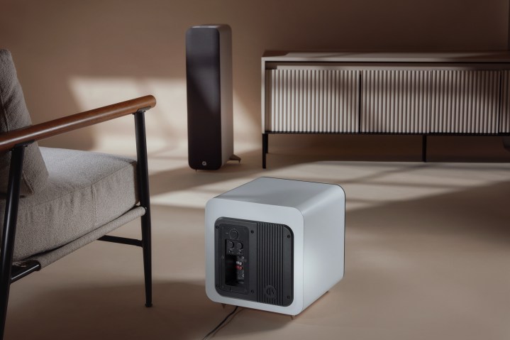 The Q Acoustics SUB80 subwoofer in white, showing its rear panel.