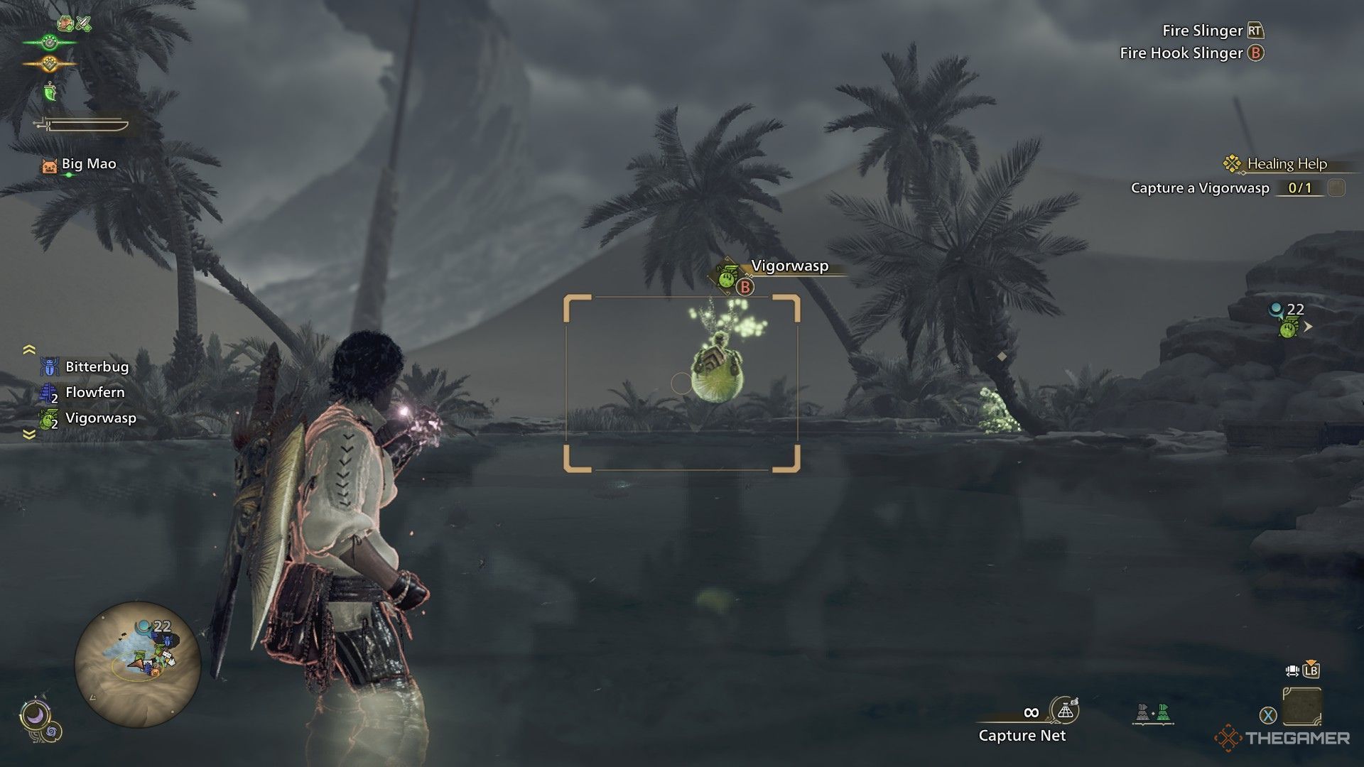 Hunter aiming the Capture Net at a Vigorwasp in Monster Hunter Wilds.