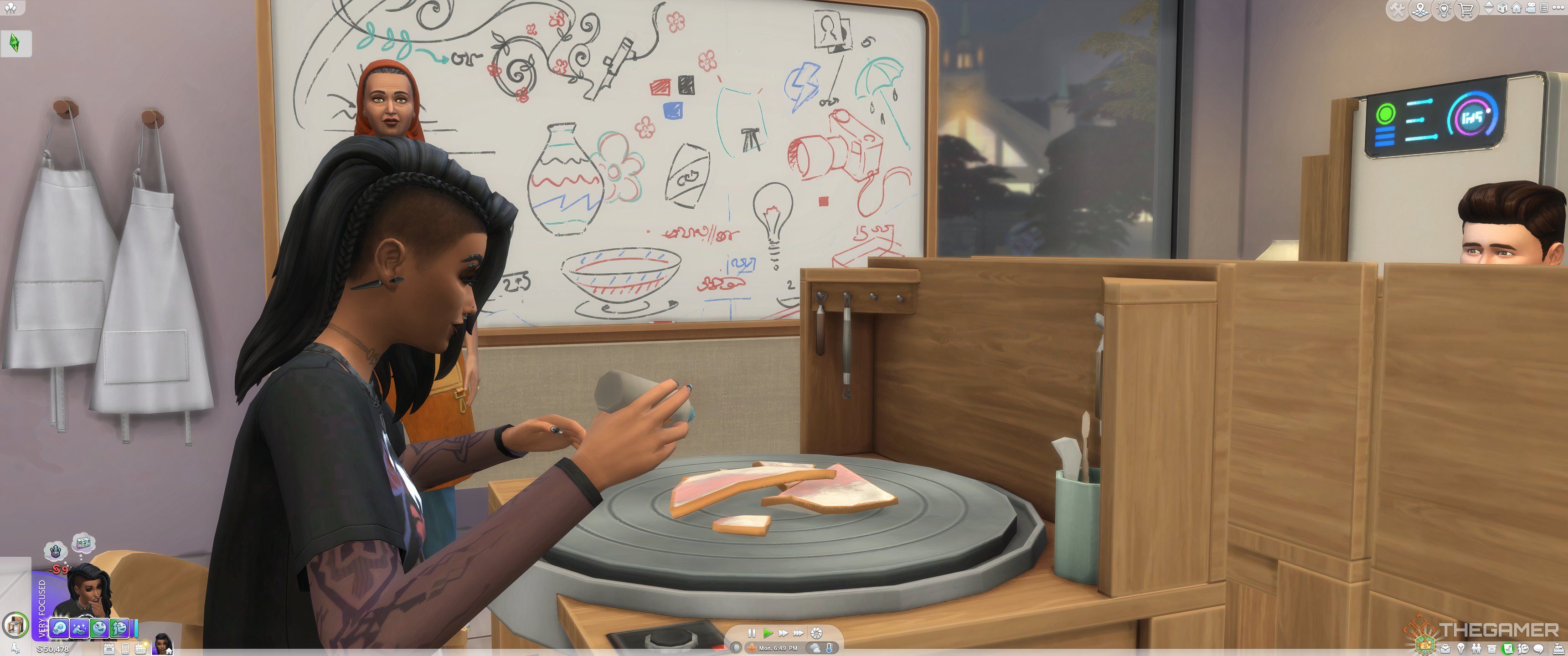 A Sim mending pottery at a pottery wheel.