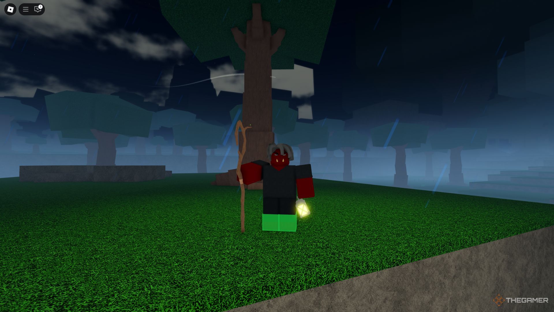 The player character with a lantern in the forest near the starting location in Rune Slayer.