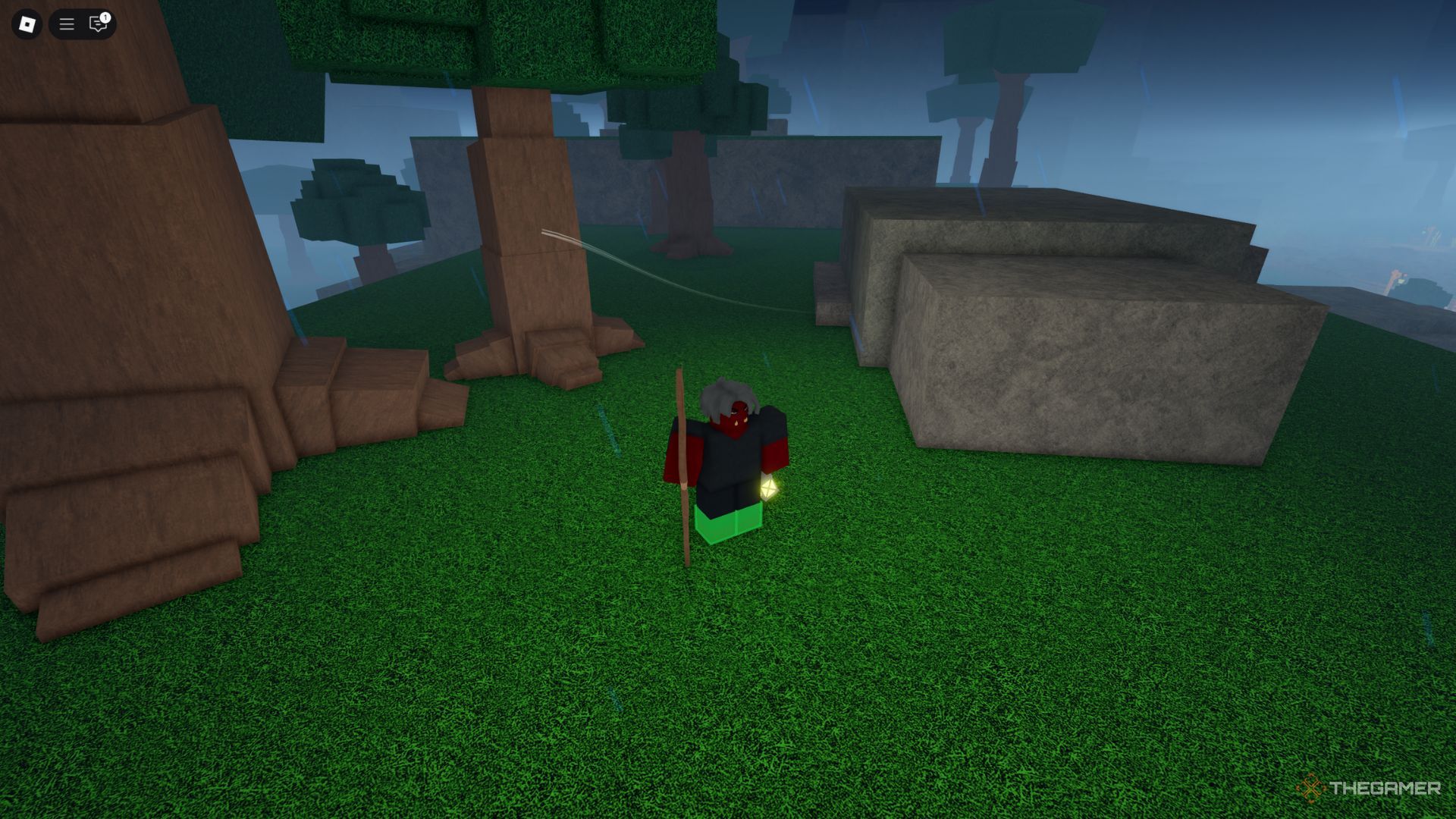 The player character with a lantern in the forest near the starting location in Rune Slayer.
