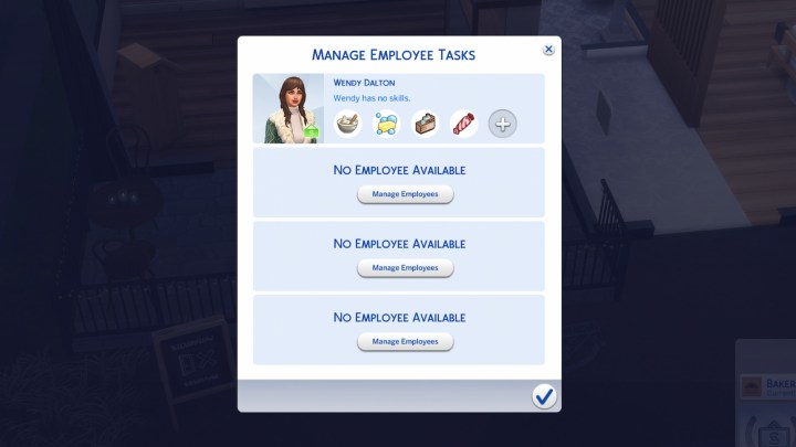 Managing employee tasks in The Sims 4: Businesses and Hobbies.