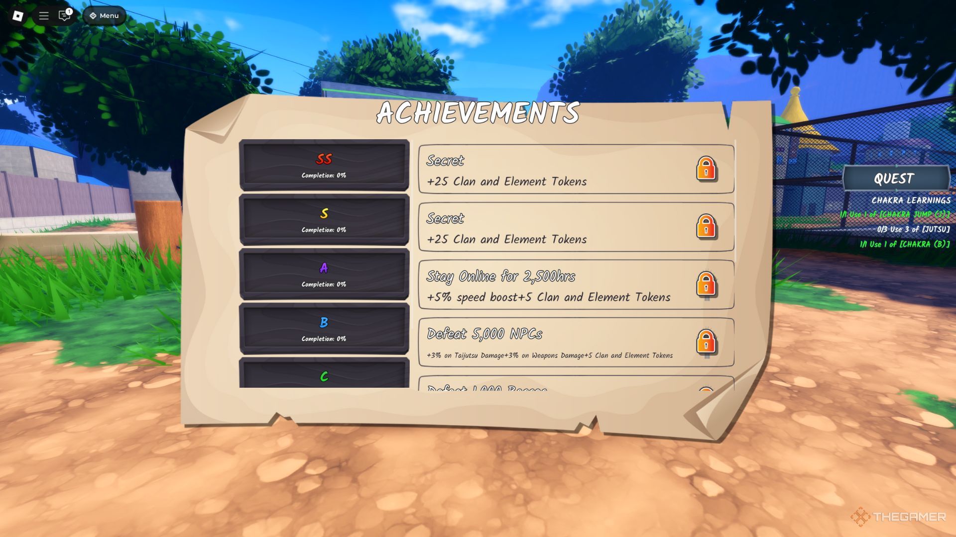 The player character viewing the Achievements menu in the Leaf Village in Ninja Time.