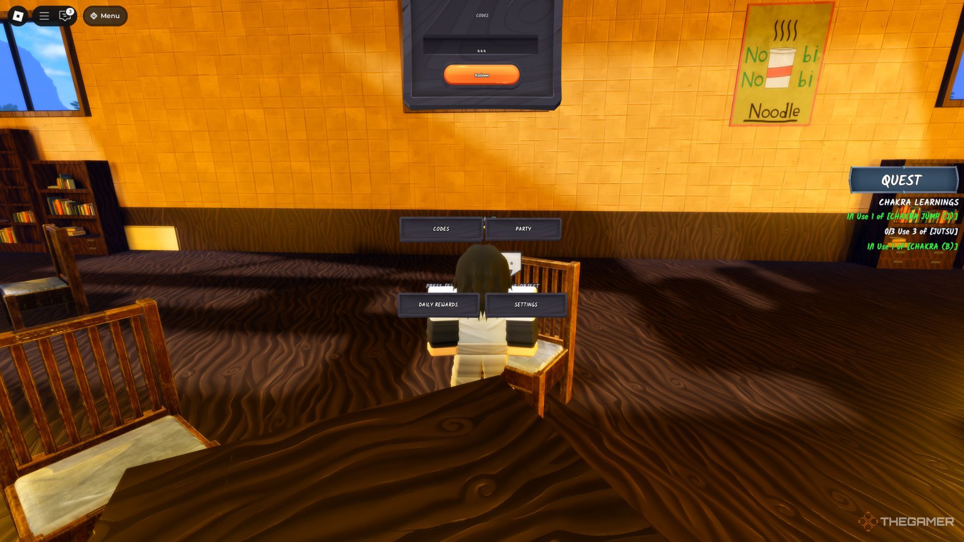 Player character showing the codes tab in Ninja Time.