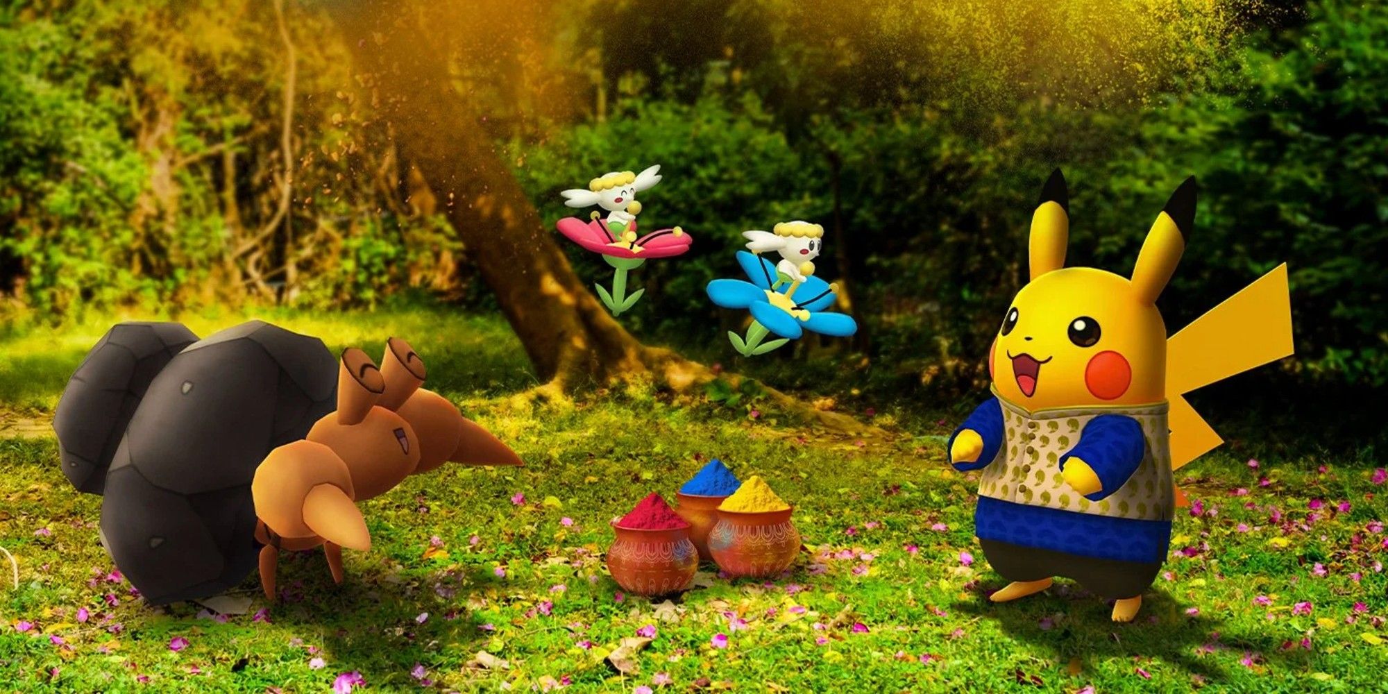 Pikachu wearing Indian attire next to other Pokémon.