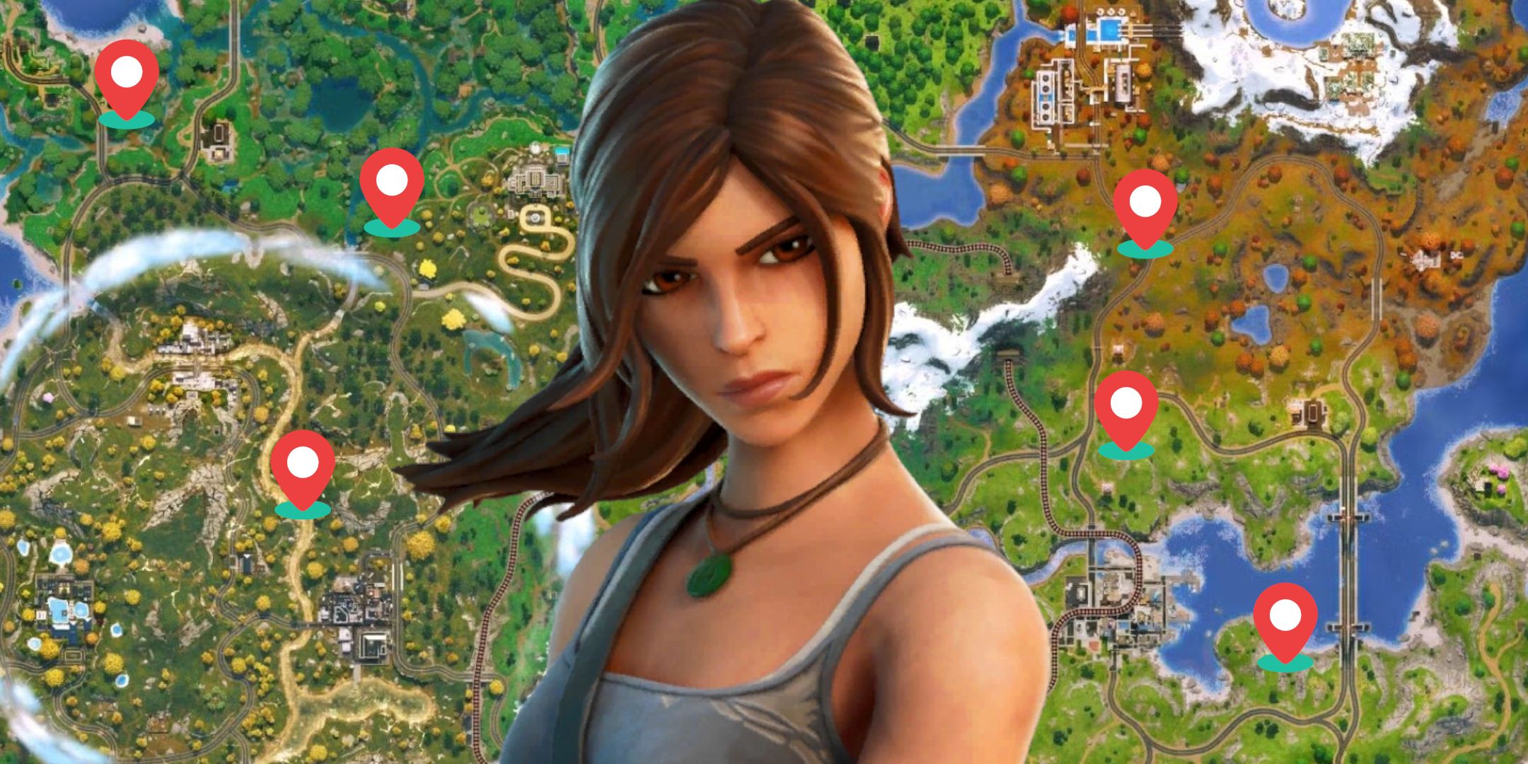 Lara Croft Skin from Fortnite Season 6 Chapter 2 with the map in the background and drop pins