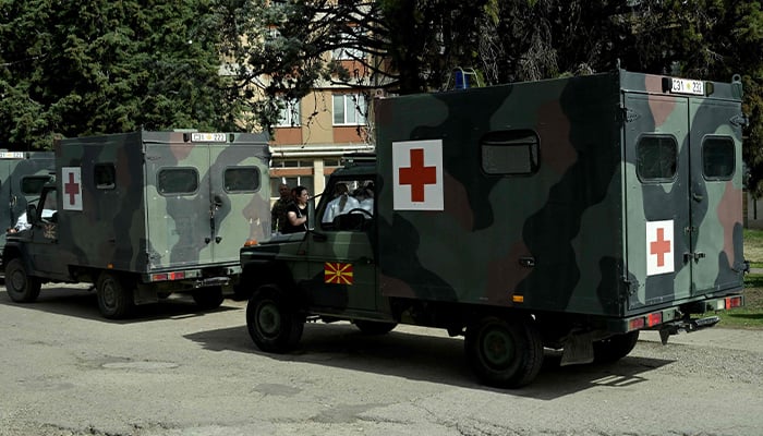 Medical units from the Macedonian army arriving to assist in Kocani, March 16, 2025. — AFP