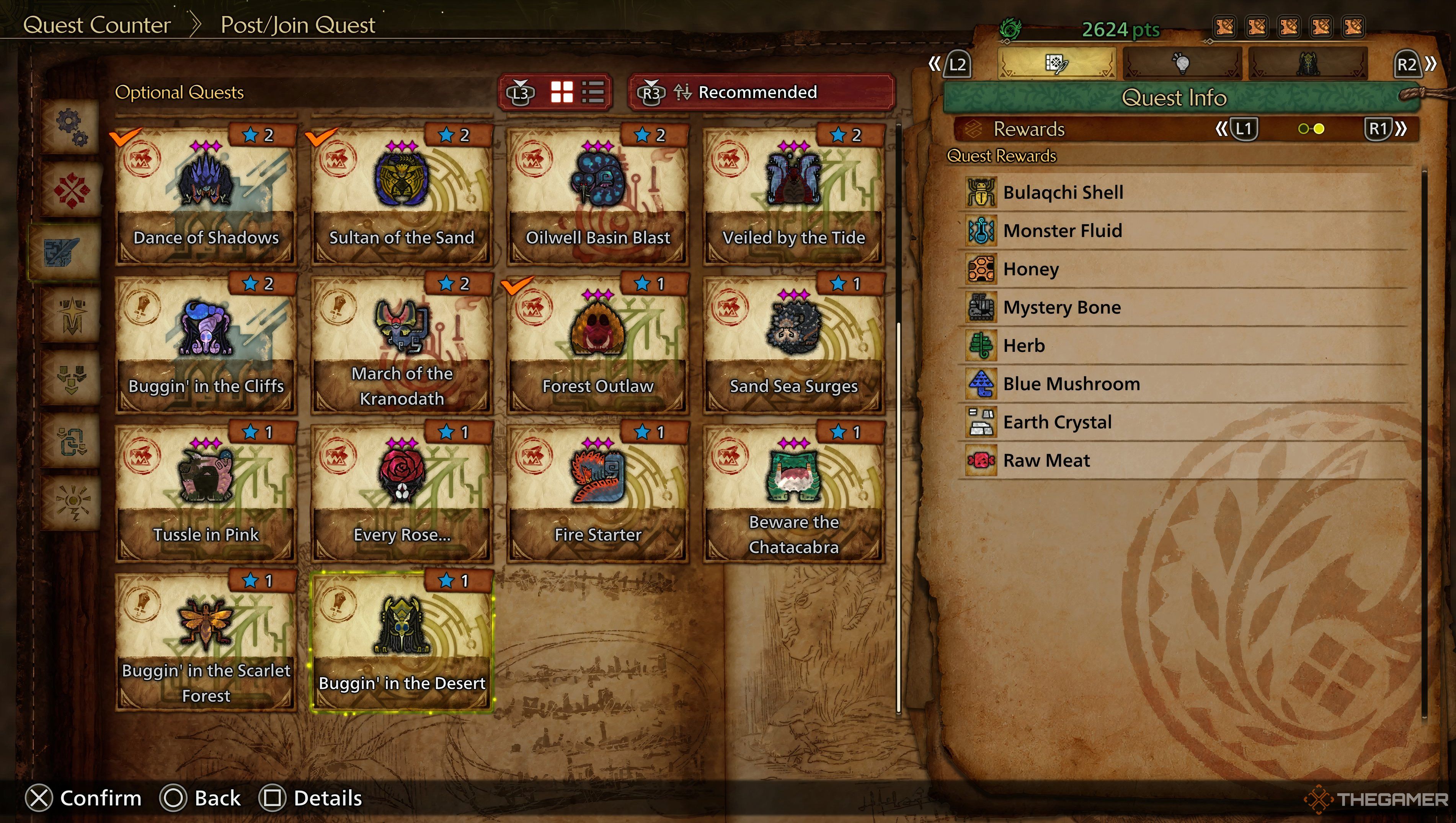 Monster Hunter Wilds Optional Quest page displayed with Buggin' Out selected.