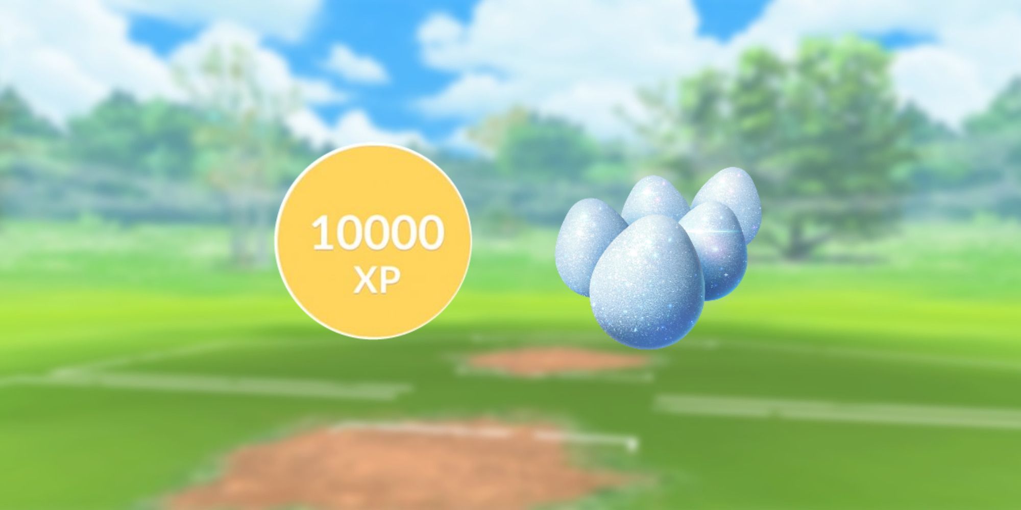 "10,000 XP" highlighted next to five Lucky Eggs from Pokemon Go.