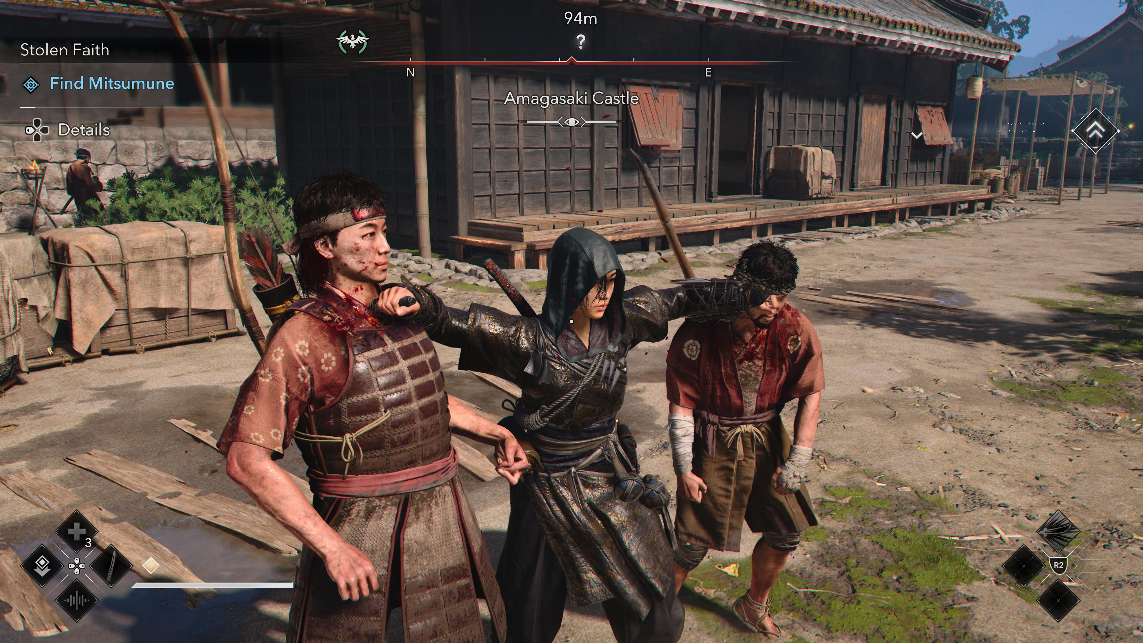 Naoe performs a double assassination on two guards in Assassin's Creed Shadows in broad daylight