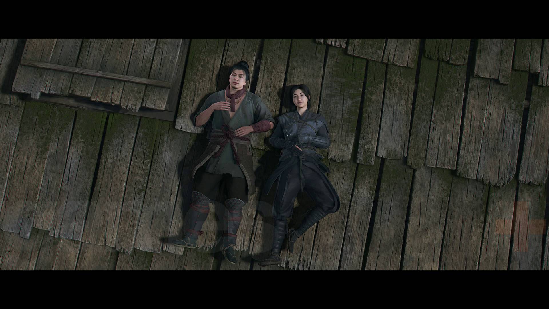 Assassin's Creed Shadows romance options Naoe and Gennojo lying on hut roof