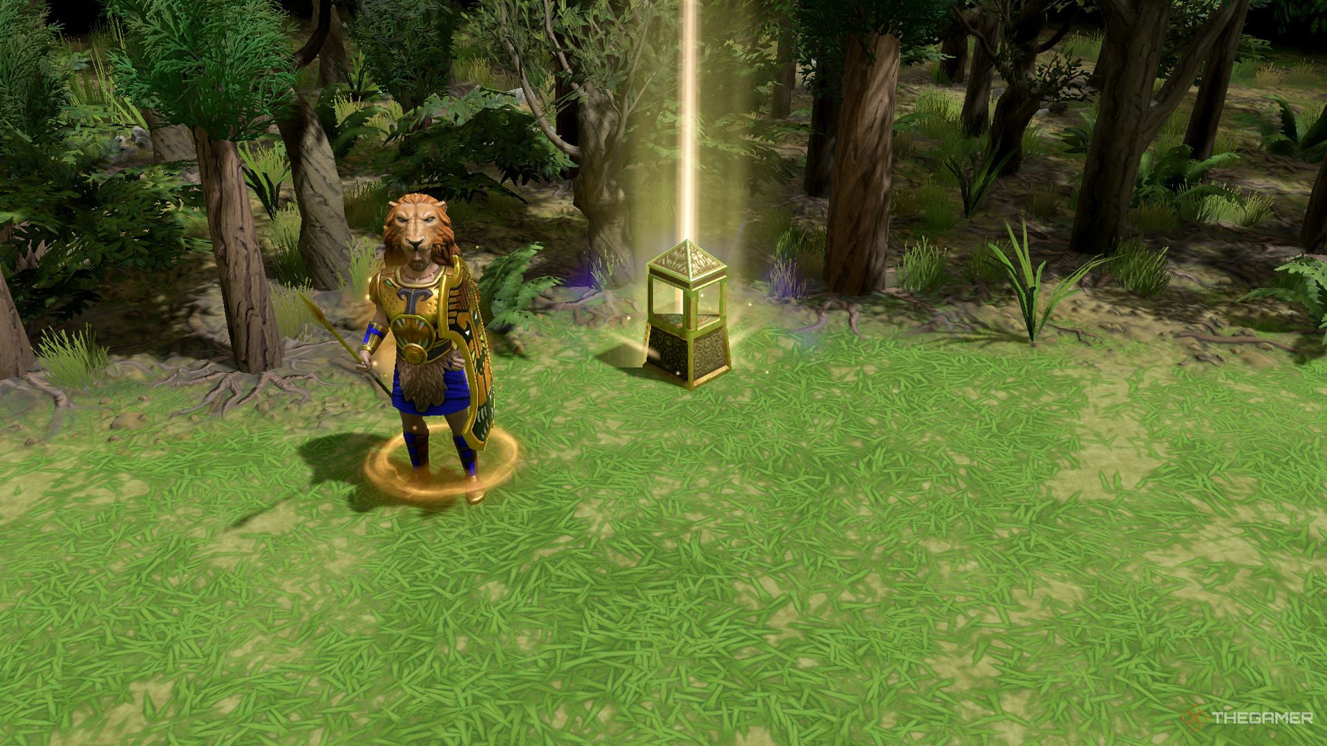 Ajax stands next to a relic in Age of Mythology Retold.