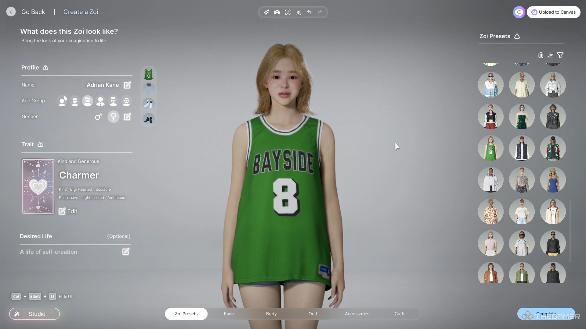 A Zoi wearing a green jersey in the character creator.