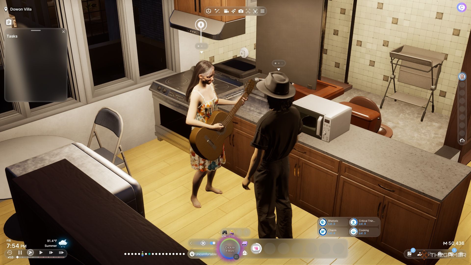 A woman serenading her fiancé in their apartment.