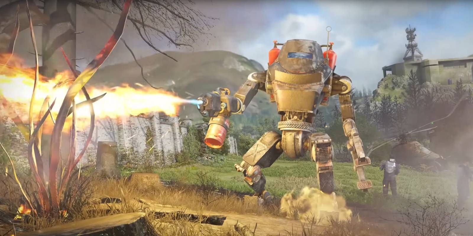 Atomfall robot enemy using a flamethrower