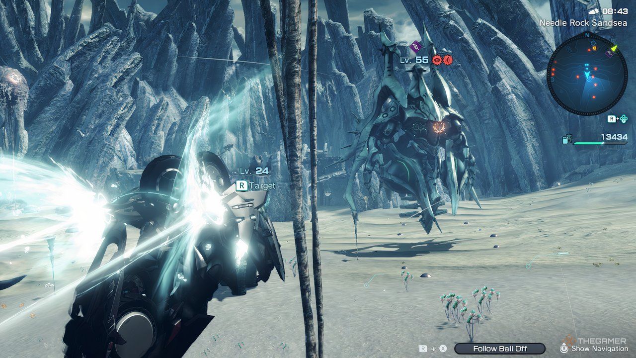 A screenshot of a Xe-Dom enemy patrolling the plains of Sylvalum in Xenoblade Chronicles X: Definitive Edition.
