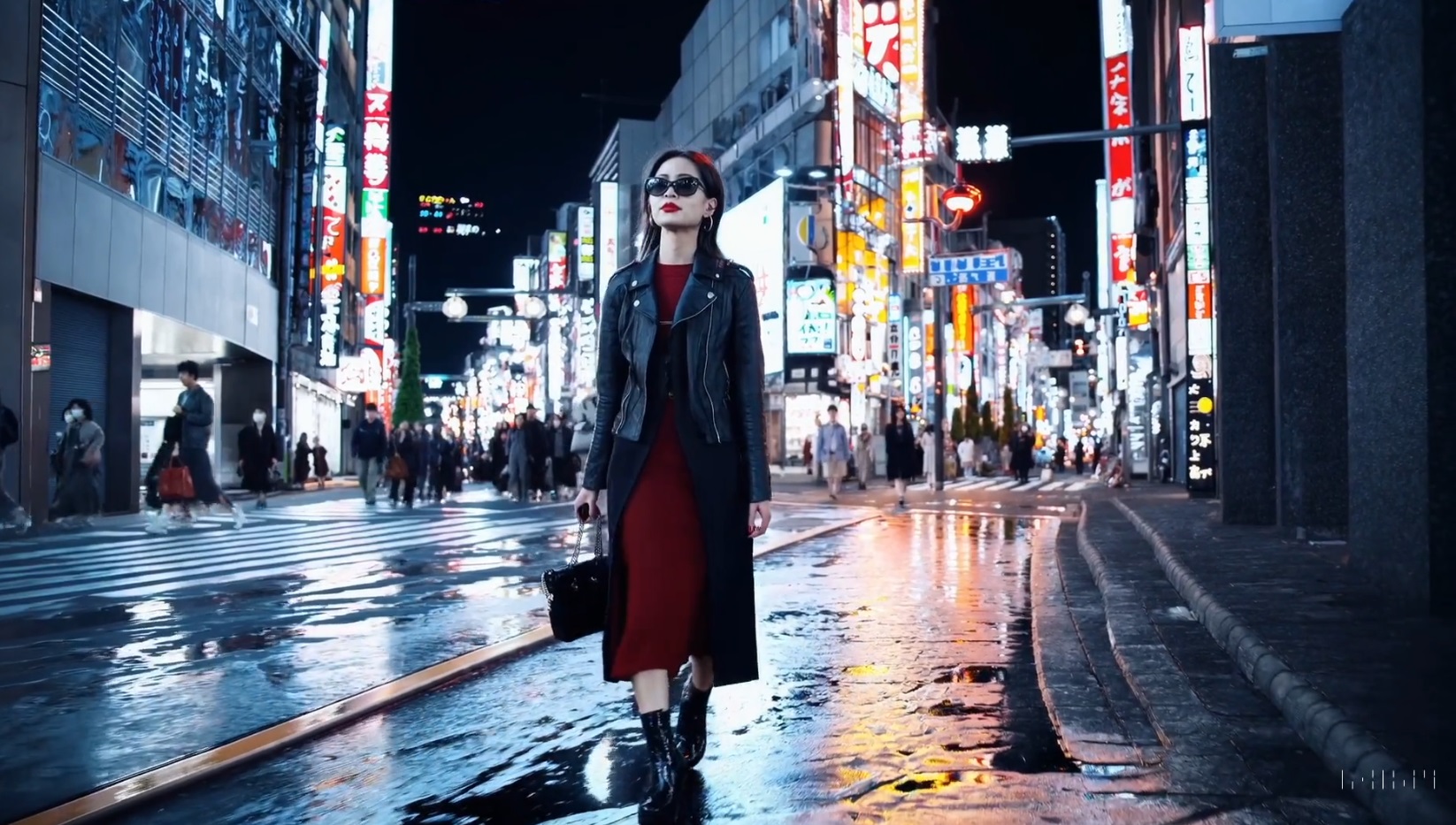 An AI-generated image of a woman walking through the streets of Tokyo.