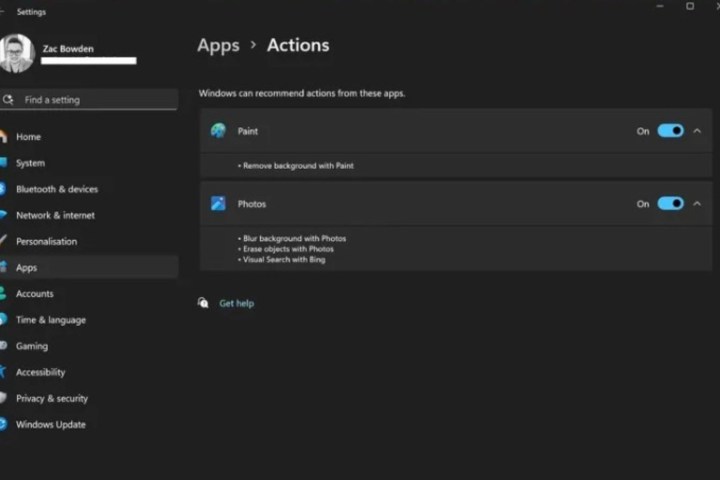 Actions Settings in Windows 11 preview build