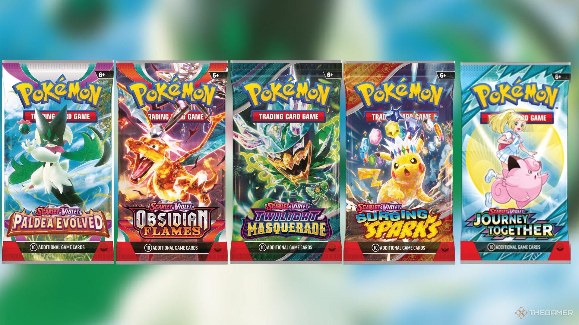 Booster packs from Paldea Evolved, Twilight Masquerade, Obsidian Flame, Surging Sparks, and Journey Together in Pokemon TCG