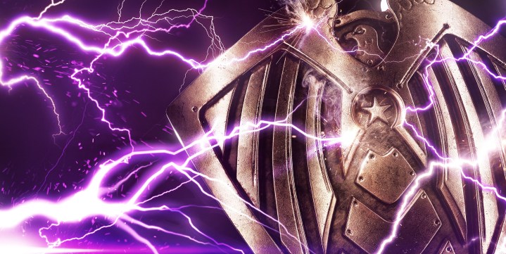 A gold shield with purple lightning strikes it.