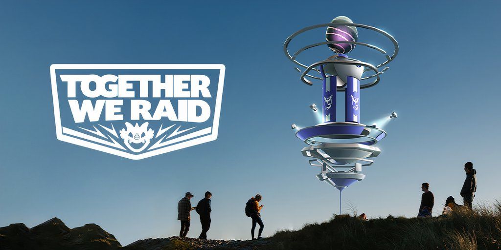 People around a Pokémon Go Raid with the phrase 'Together We Raid'.