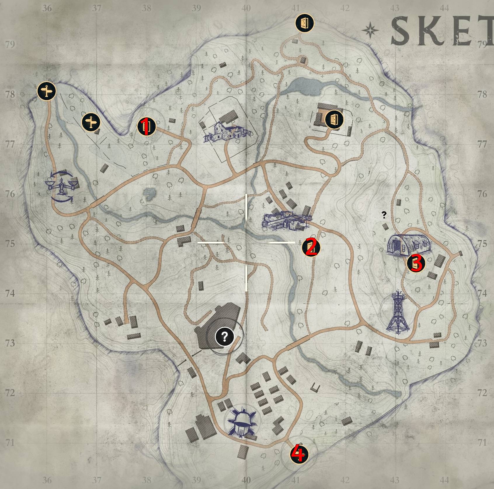 Map of Skethermoor in Atomfall with Pneumatic Dispatch Tubes locations marked on it.