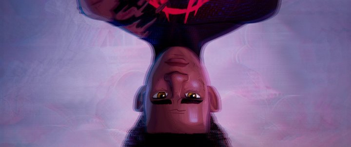Miles Morales hangs upside down and stares.