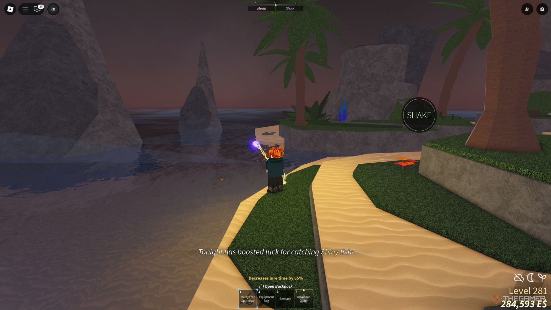 Player character fishing at the Isle of New Beginnings in Fisch.
