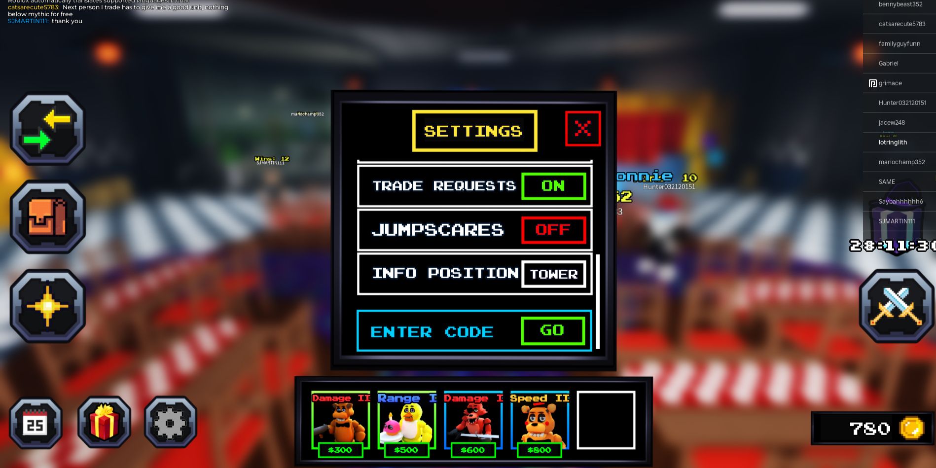 In-game settings menu with code box for Roblox: Five Nights TD