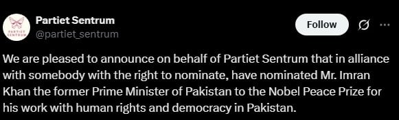 Norwegian party faces backlash for nominating Imran Khan for Nobel Peace Prize