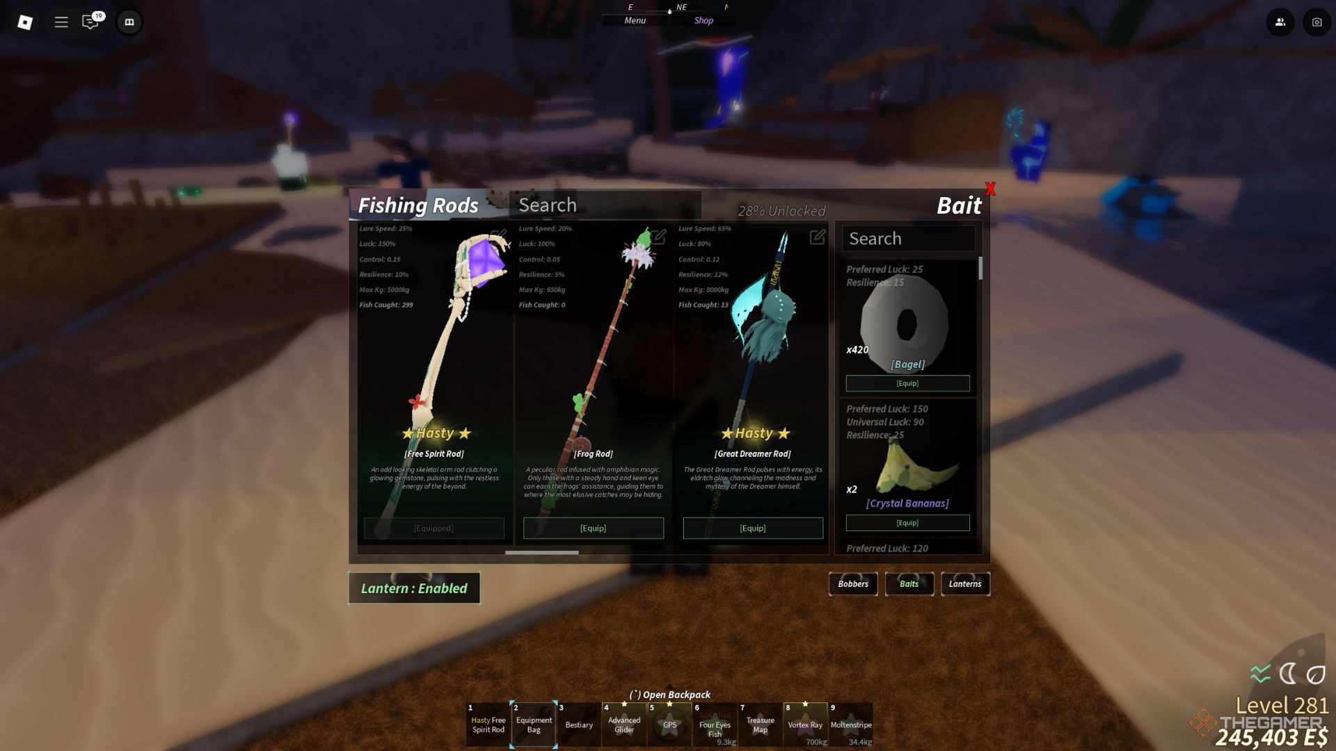 The player character's inventory shows two of the best rods available in the Second Sea in Fisch.
