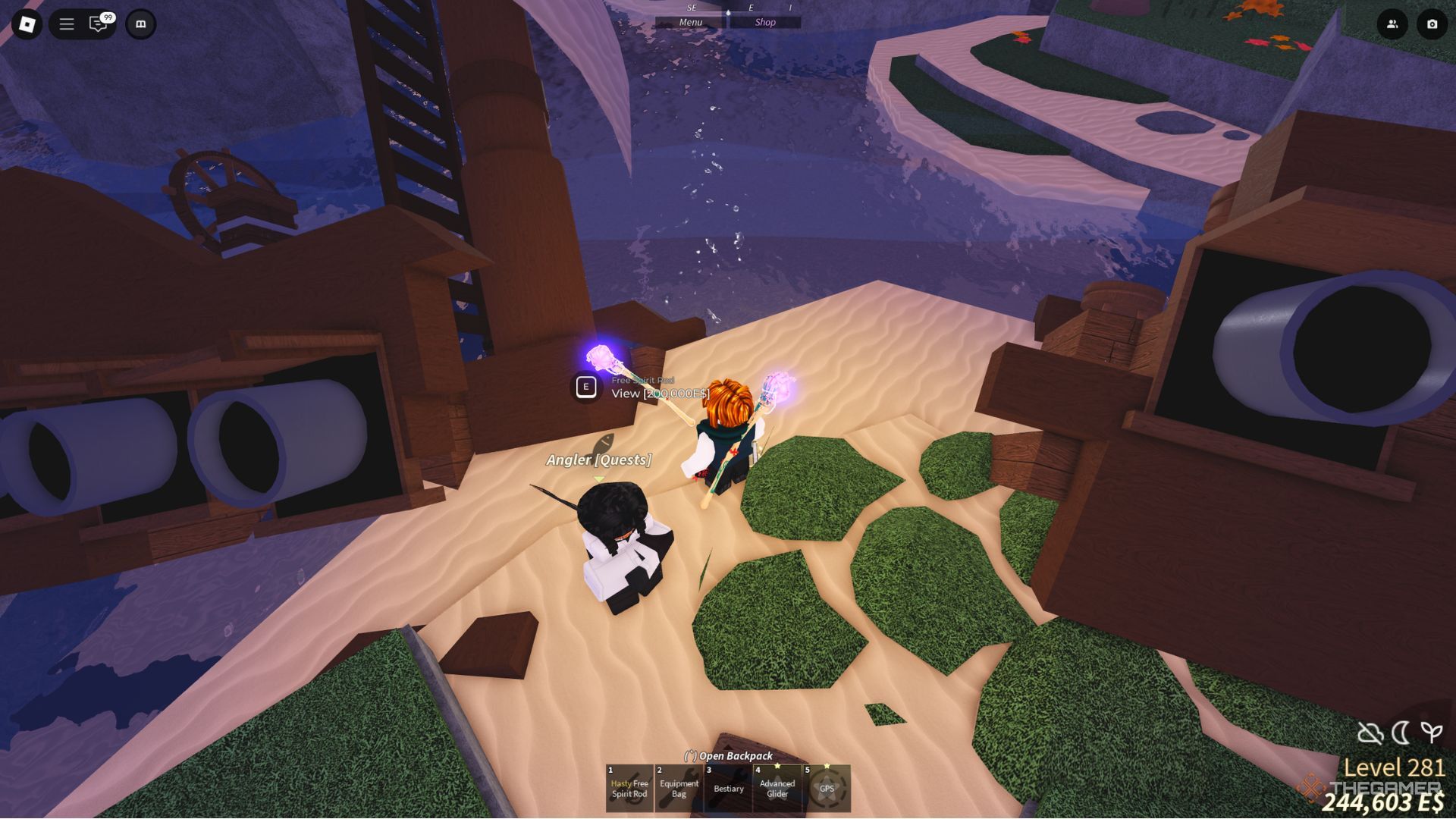 The player character stands next to the Free Spirit Rod in the Angler on Isle of New Beginnings area in Fisch.