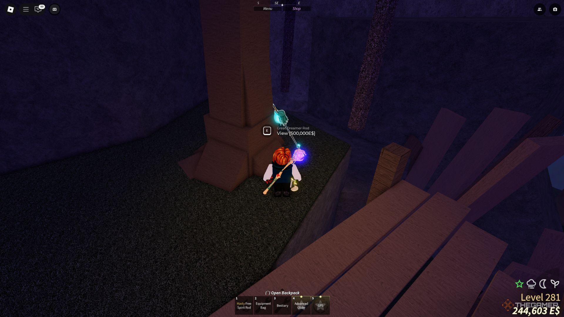 The player character stands next to the Great Dreamer Rod in The Cursed Shores area in Fisch.