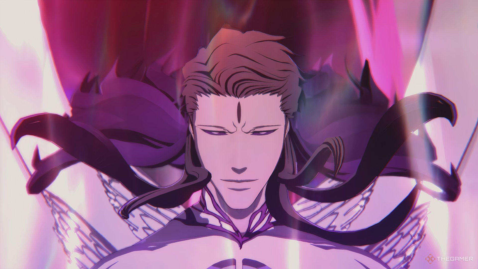 Sosuke Aizen shrouded in purple aura while entering his Reawakened state in Bleach Rebirth of Souls.